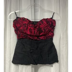 VTG Y2K bebe red black ruffled rose corset strapless Silk Whimsigoth tube Top S